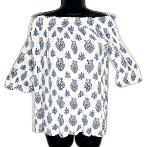 White With Blue Patterned Print Off Shoulder 3/4 Sleeve Gauze Like Top Size L